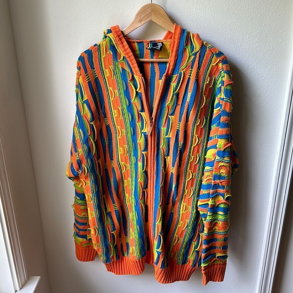 Vintage Reggae Coogi Style Hooded Zip Up Knit Colorful Striped Jacket Size 2XL